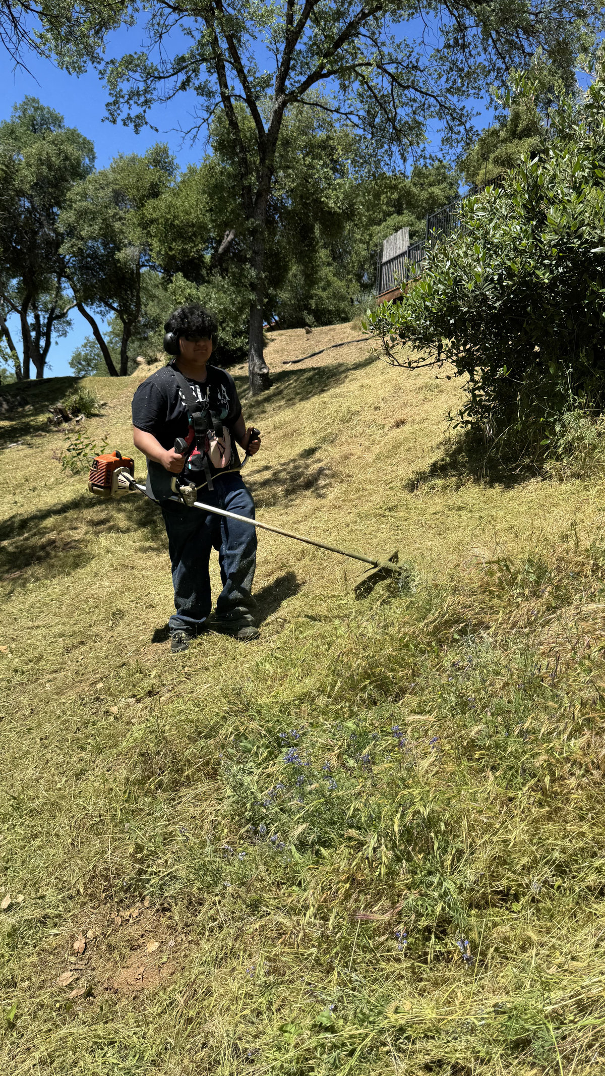 Crew member weed eating on hillside close-up
