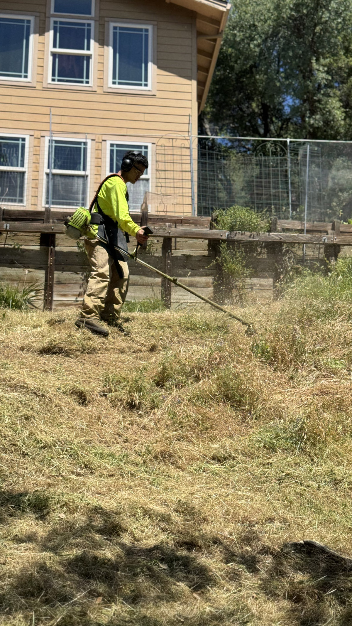 Wacky Weedeating crew trimming vegetation along a house for wildfire protection