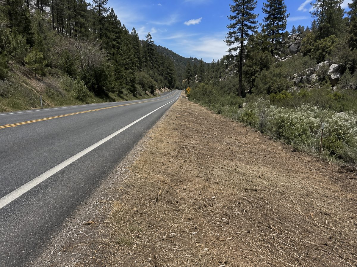 Cleared fuel break strip along a mountain highway shoulder maintained by Wacky Weedeating