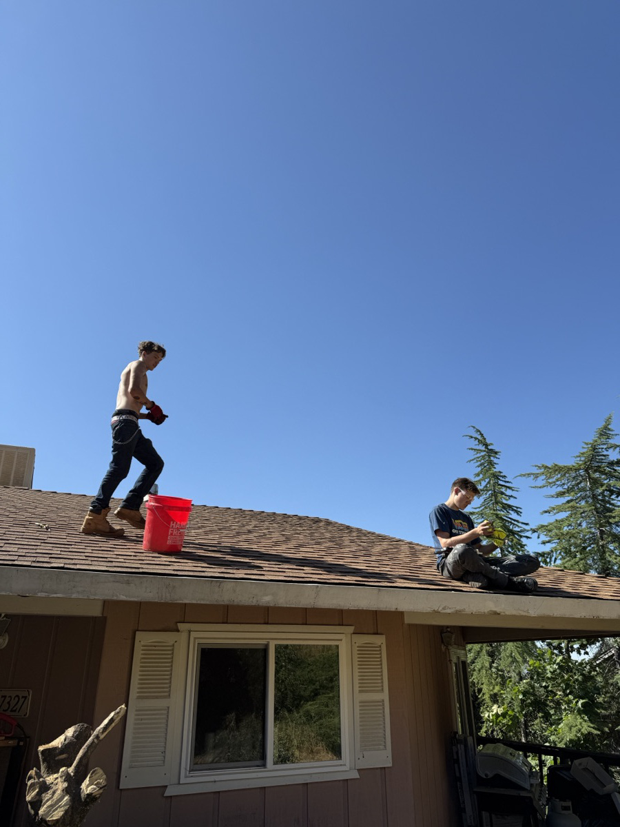 Wacky Weedeating crew cleaning roof gutters for wildfire protection