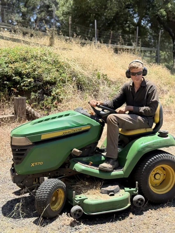 Riding mower cutting a hillside lawn