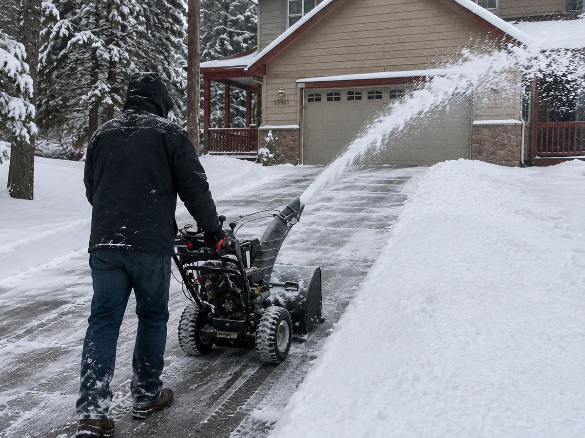 Clearing a snowy driveway with a snow blower in the Sierra high country near Twain Harte and Arnold